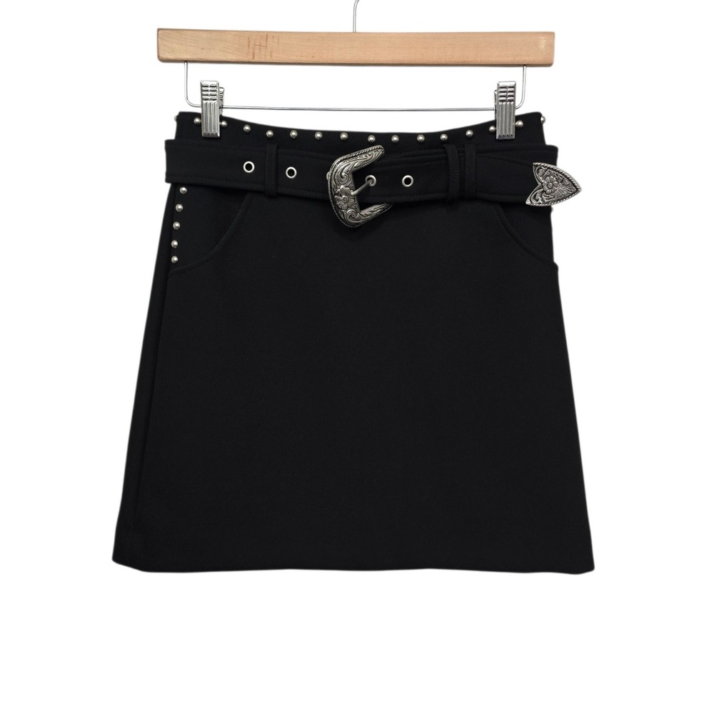 NWT Avec Les Filles Black Studded Western Mini Skirt Belted Size 0 Anthropologie